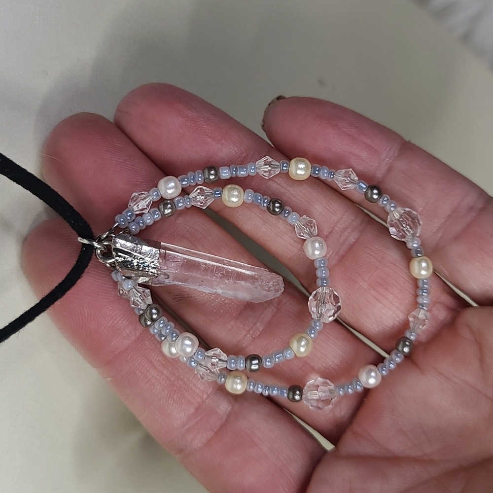 Quartz Crystal Pendant Necklace White Chakra Energy Eclectic Upcycled Unique